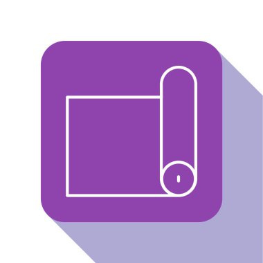 Beyaz çizgi Fitness hasırı yuvarlama simgesi beyaz arkaplanda izole edildi. Yoga minderi yuvarlandı. Spor malzemeleri. Mor kare düğme. Vektör.