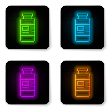 Parlayan neon hattı Collagen serumu ve beyaz arkaplanda izole edilmiş vitamin ikonu. Yüz bakımı esansı cilt bakımı kozmetiği. Siyah kare düğme. Vektör.