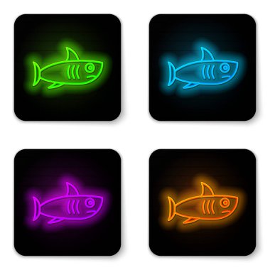 Parlayan neon çizgisi Shark simgesi beyaz arkaplanda izole edildi. Siyah kare düğme. Vektör..