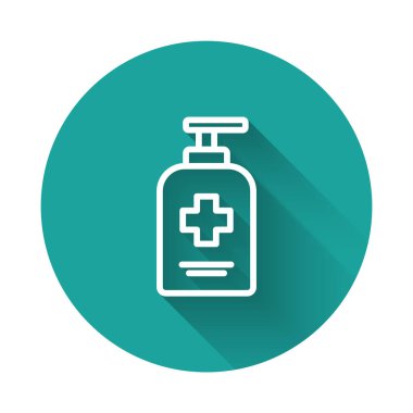 Beyaz çizgi, uzun gölgeli izole edilmiş şeker ikonlu sıvı antibakteriyel sabun. Antiseptik. Dezenfeksiyon, hijyen, cilt bakımı. Yeşil daire düğmesi. Vektör..