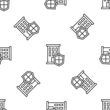 Beyaz arka planda, Gri Çizgili Ev ve kalkan ikonu izole edilmiş kusursuz desen. Sigorta konsepti. Güvenlik, güvenlik, koruma, konsept koruma. Vektör..