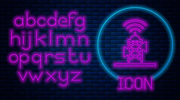 レンガの壁の背景に隔離されたネオンワイヤレスアンテナアイコンを光る 技術とネットワーク信号無線アンテナ ネオンライトアルファベット ベクトル — ストックベクタ