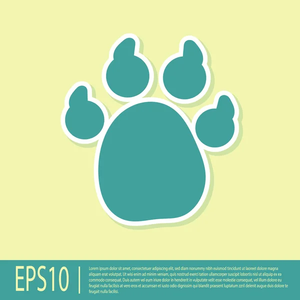 Green Paw print icon isolated on yellow background. Dog or cat paw print. Animal track.  Vector.