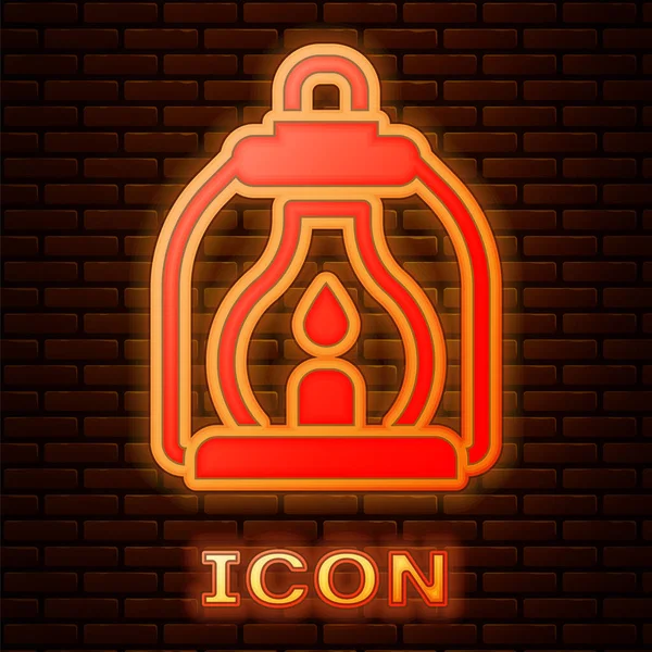 Glowing Neon Camping Lantern Icon Isolated Brick Wall Background Vector — Stock Vector