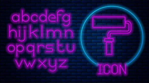 Ragyogó Neon Festék Görgő Ecset Ikon Elszigetelt Téglafal Háttér Neonfény — Stock Vector