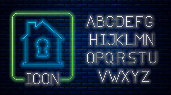 Gloeiende Neon Huis Onder Bescherming Pictogram Geïsoleerd Baksteen Muur Achtergrond — Stockvector