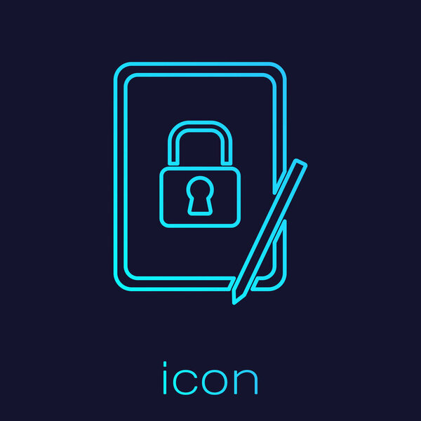 Turquoise line Graphic tablet with closed padlock icon isolated on blue background. Phone with lock. Mobile security, safety, protection concept.  Vector.
