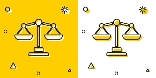 在黄色和白色背景上隔离的黑色司法刻度图标 法院的象征 天平标志随机动态形状 — 图库矢量图片
