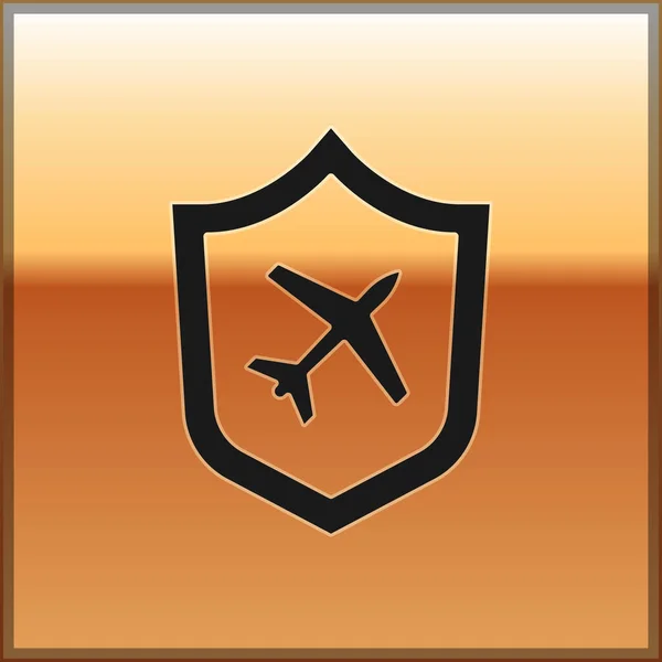 Чорний Літак Значком Щита Ізольований Золотому Тлі Літаючий Літак Страхування — стоковий вектор