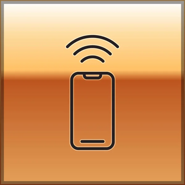 Ligne Noire Icône Smartphone Sans Fil Isolé Sur Fond Doré — Image vectorielle