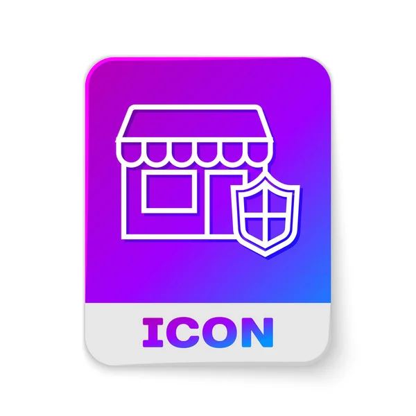 Línea Blanca Edificio Comercial Con Icono Escudo Aislado Sobre Fondo — Vector de stock