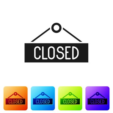 Beyaz arkaplanda izole edilmiş metin kapatılmış simgesi ile Siyah Asılma işareti. Kafe ya da restoran için iş teması. Renkli kare düğmelerle simgeleri ayarla. Vektör İllüstrasyonu.