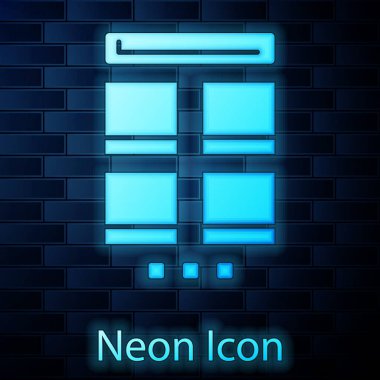 Cep telefonu simgesinde parlayan neon çevrimiçi alışveriş tuğla duvar arkasında izole edilmiş. İnternet dükkanı, mobil mağaza uygulaması ve faturalar. Vektör İllüstrasyonu.