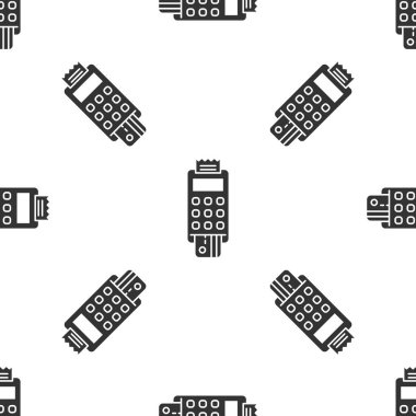 Gri POS terminali, eklenmiş kredi kartı ve yazdırılmış tarif simgesi beyaz arka planda izole edilmiş kusursuz desen. NFC ödeme konsepti. Vektör İllüstrasyonu.