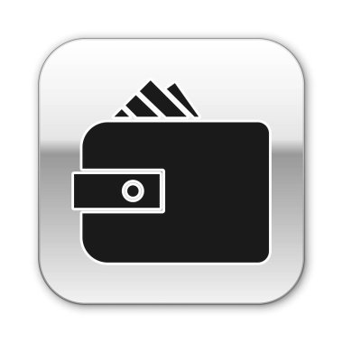 Siyah Cüzdan, kağıt para destesiyle beyaz arka planda izole edilmiş nakit ikonu. Çanta ikonu. Nakit tasarruf sembolü. Gümüş kare düğme. Vektör İllüstrasyonu.