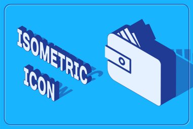 Yığınla para destesi olan Isometric Cüzdan mavi arka planda izole edilmiş nakit para ikonu. Çanta ikonu. Nakit tasarruf sembolü. Vektör İllüstrasyonu.