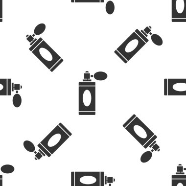 Atom ikonlu gri tıraş losyonu beyaz arka planda izole edilmiş kusursuz desen. Parfüm spreyi ikonu. Erkek parfüm şişesi. Vektör İllüstrasyonu.