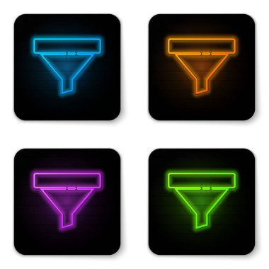 Işıldayan neon satış hunisi beyaz arka planda izole edilmiş pazarlama için oklar ve başlangıç simgesi. Bilgi şablonu. Siyah kare düğme. Vektör İllüstrasyonu.