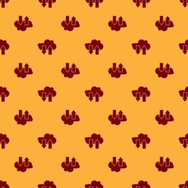 Kırmızı Bulut indirme ve yükleme simgesi kahverengi arkaplanda izole edilmiş pürüzsüz desen. Vektör İllüstrasyonu.