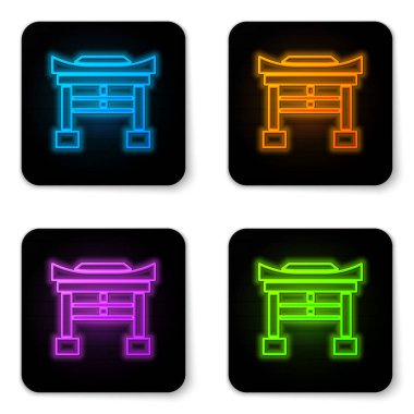 Işıldayan neon Japon kapı simgesi beyaz arka planda izole edildi. Torii kapı işareti. Geleneksel Japon klasik geçit sembolü. Siyah kare düğme. Vektör İllüstrasyonu.