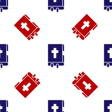 Mavi ve kırmızı kutsal kitap ikonu beyaz arka planda izole edilmiş kusursuz desen. Vektör İllüstrasyonu.