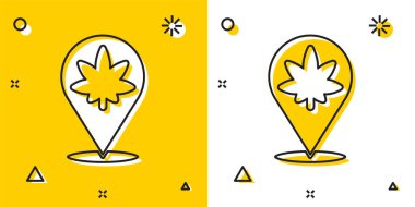 Sarı ve beyaz arkaplanda siyah harita işaretleyici ve marihuana veya kenevir yaprağı ikonu var. Kenevir sembolü. Rastgele dinamik şekiller. Vektör İllüstrasyonu.