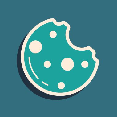 Yeşil arka planda marihuana yaprağı ikonu olan yeşil çikolatalı kurabiyeler. Ot, kenevir, tıbbi ve eğlence amaçlı esrar. Uzun gölge tarzı. Vektör İllüstrasyonu.