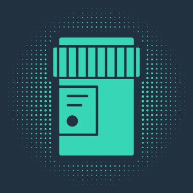 Mavi arka planda marihuana ya da kenevir yaprağı ikonu bulunan yeşil tıbbi şişe. Kavanozlardaki kenevir yağı özlerini taklit et. Soyut çember rastgele noktalar. Vektör İllüstrasyonu.