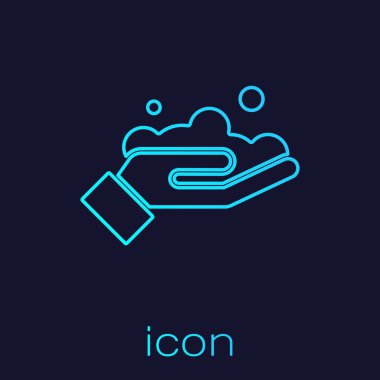 Turkuaz halat, mavi arka planda izole edilmiş sabun ikonu ile ellerini yıkıyor. Virüs ve bakterileri önlemek için ellerini sabunla yıkıyorsun. Vektör İllüstrasyonu.