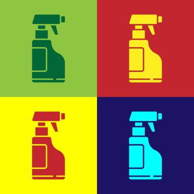 Pop Art Cleaning sprey şişesi ve renkli arka planda izole edilmiş deterjan sıvı ikonu. Vektör İllüstrasyonu.