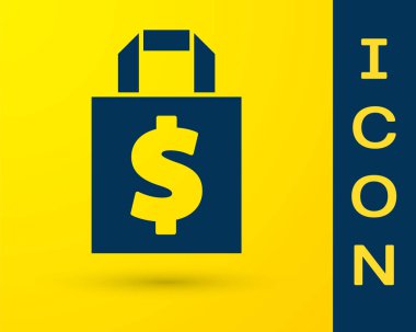 Sarı arkaplanda mavi Shoping çanta ve dolar sembolü izole edildi. El çantası işareti. Kadın çanta ikonu. Kadın el çantası işareti. Vektör İllüstrasyonu.