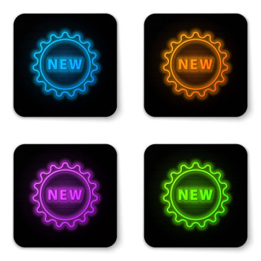 Beyaz arkaplanda izole edilmiş yeni bir simgeyle parlayan neon Price etiketi. Rozet fiyatına. Reklam etiketi indirimi. Siyah kare düğme. Vektör İllüstrasyonu.