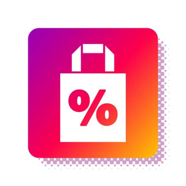 Beyaz arka planda izole edilmiş% 100 indirim simgesi olan beyaz Shoping torbası. El çantası işareti. Kare renk düğmesi. Vektör İllüstrasyonu.