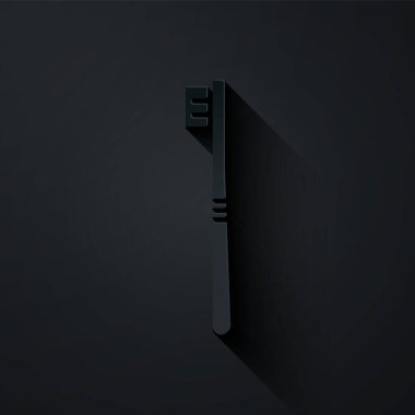 Kağıt kesiği diş fırçası simgesi siyah arkaplanda izole edildi. Kağıt sanatı tarzı. Vektör İllüstrasyonu.