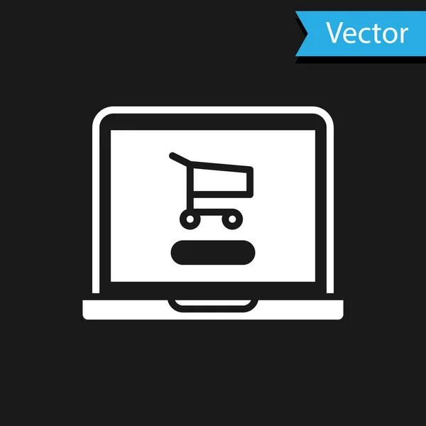 Carrito Compras Blanco Pantalla Icono Portátil Aislado Sobre Fondo Negro — Vector de stock