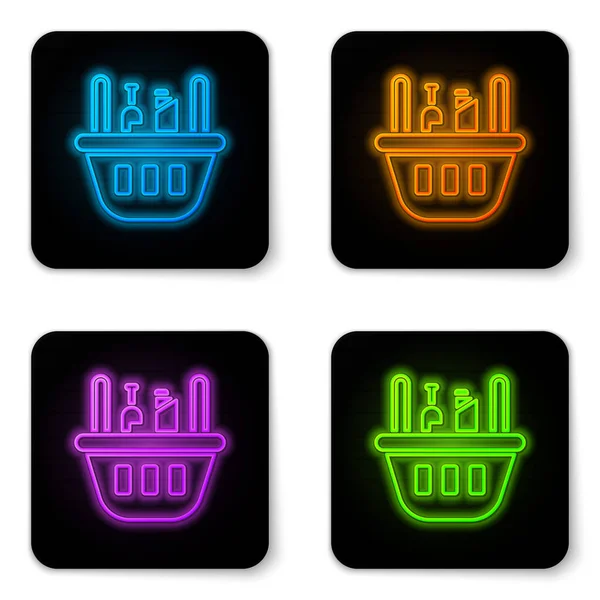Glowing Neon Shopping Basket Food Icon Isolated White Background Food — Stock Vector