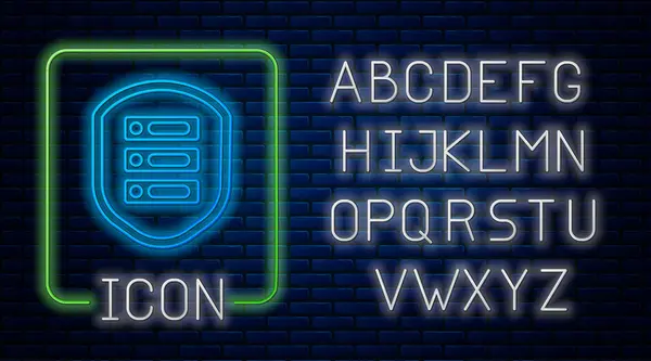Сяючий Неоновий Сервер Значком Щита Ізольовано Фоні Цегляної Стіни Захист — стоковий вектор