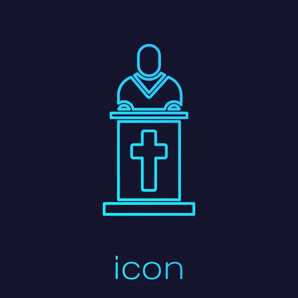 Línea Turquesa Pastor Iglesia Predicando Icono Aislado Sobre Fondo Azul — Vector de stock