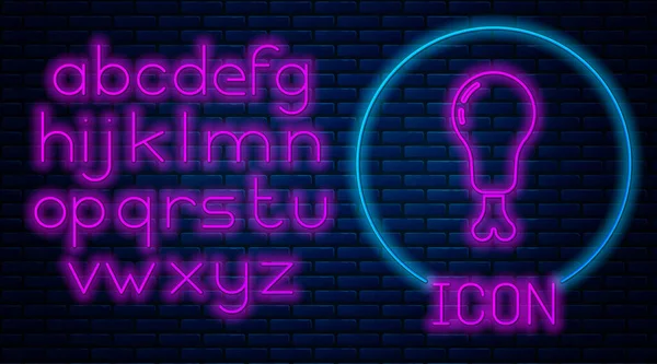 Ragyogó Neon Csirke Láb Ikon Elszigetelt Téglafal Háttér Csirkecomb Neonfény — Stock Vector