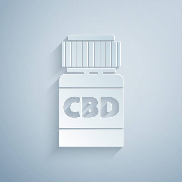Бумага разрезанная медицинская бутылка с марихуаной или иконой листьев конопли изолированы на сером фоне. Изображение экстрактов масла конопли в банках. Бумажный стиль. Векторная миграция.