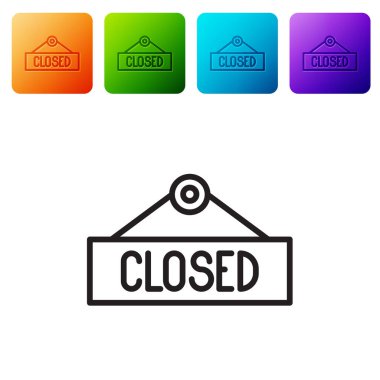 Beyaz arkaplanda izole edilmiş metin kapatılmış simgesi olan siyah çizgi asma işareti. Kafe ya da restoran için iş teması. Renkli kare düğmelerle simgeleri ayarla. Vektör İllüstrasyonu.