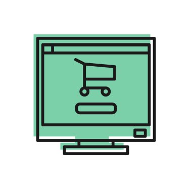 Ekran bilgisayarındaki siyah çizgi alışveriş arabası beyaz arkaplanda izole edilmiş. Konsept e-ticaret, e-ticaret, online iş pazarlama. Vektör İllüstrasyonu.