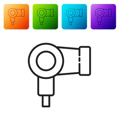 Siyah çizgi saç kurutma ikonu beyaz arkaplanda izole edildi. Saç kurutma makinesi tabelası. Saç kurutma sembolü. Sıcak hava üflüyor. Renkli kare düğmelerle simgeleri ayarla. Vektör İllüstrasyonu.