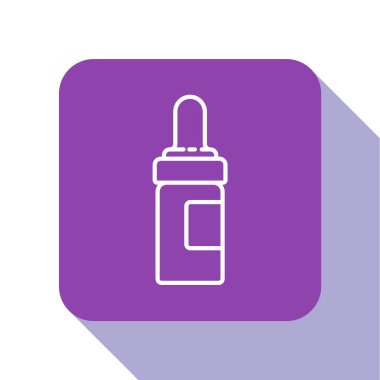 Beyaz çizgili sakal ve bıyıklı yağ şişesi ikonu beyaz arka planda izole edilmiş. Pipetli cam şişe. Mor kare düğme. Vektör İllüstrasyonu.