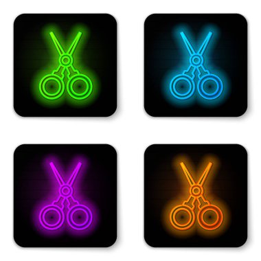 Parlayan neon hattı makas kuaför simgesi beyaz arkaplanda izole edildi. Kuaför, moda salonu ve berber tabelası. Berber dükkanı sembolü. Siyah kare düğme. Vektör İllüstrasyonu.