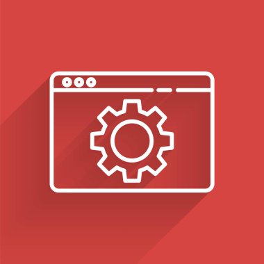 Beyaz çizgi Tarayıcı simgesini uzun gölgeyle izole ediyor. Ayarlama, servis, bakım, onarım, onarım. Vektör İllüstrasyonu.