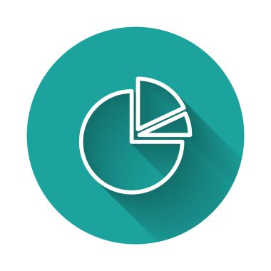 Beyaz çizgi pasta grafiği bilgi simgesi uzun gölgeli izole edildi. Diyagram çizelgesi. Yeşil daire düğmesi. Vektör İllüstrasyonu.