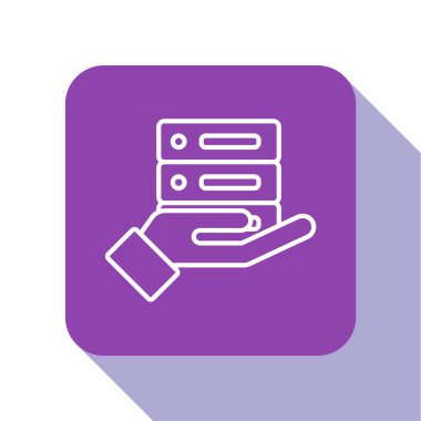 Beyaz çizgi sunucusu, Data, Web sunucu simgesi beyaz arkaplanda izole edildi. Mor kare düğme. Vektör İllüstrasyonu.