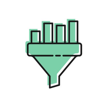 Beyaz arka planda izole edilmiş, pazarlama ve girişim simgesi için çizelge içeren siyah çizgi satış hunisi. Bilgi şablonu. Vektör İllüstrasyonu.