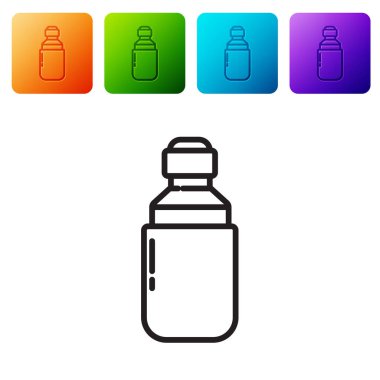 Siyah çizgi Tıbbi marihuana veya kenevir yaprağı zeytinyağı damlası ikonu beyaz arka planda izole edilmiş. Esrar özütü. Kenevir sembolü. Renkli kare düğmelerle simgeleri ayarla. Vektör İllüstrasyonu.
